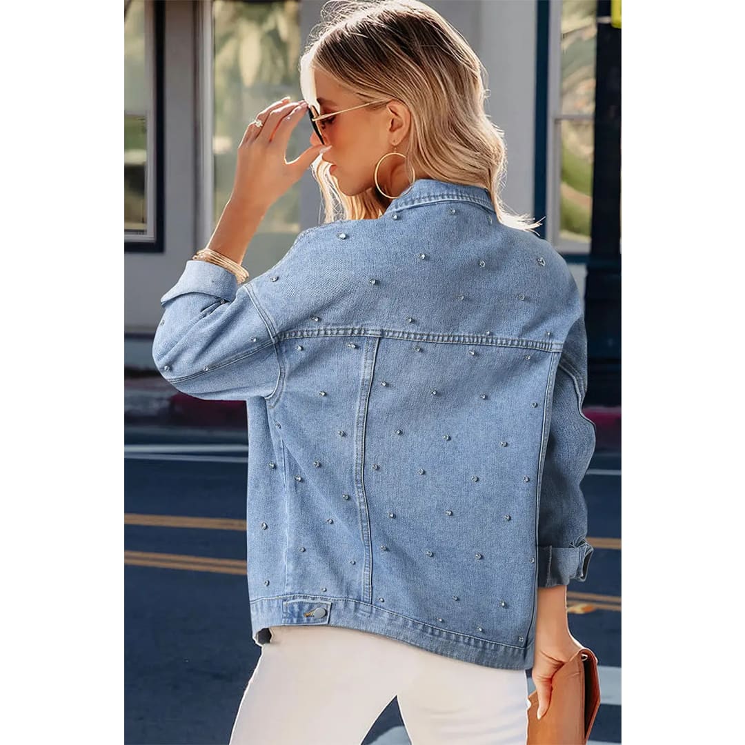 Mist Blue Rhinestones Studded Denim Jacket | Fashionfitz