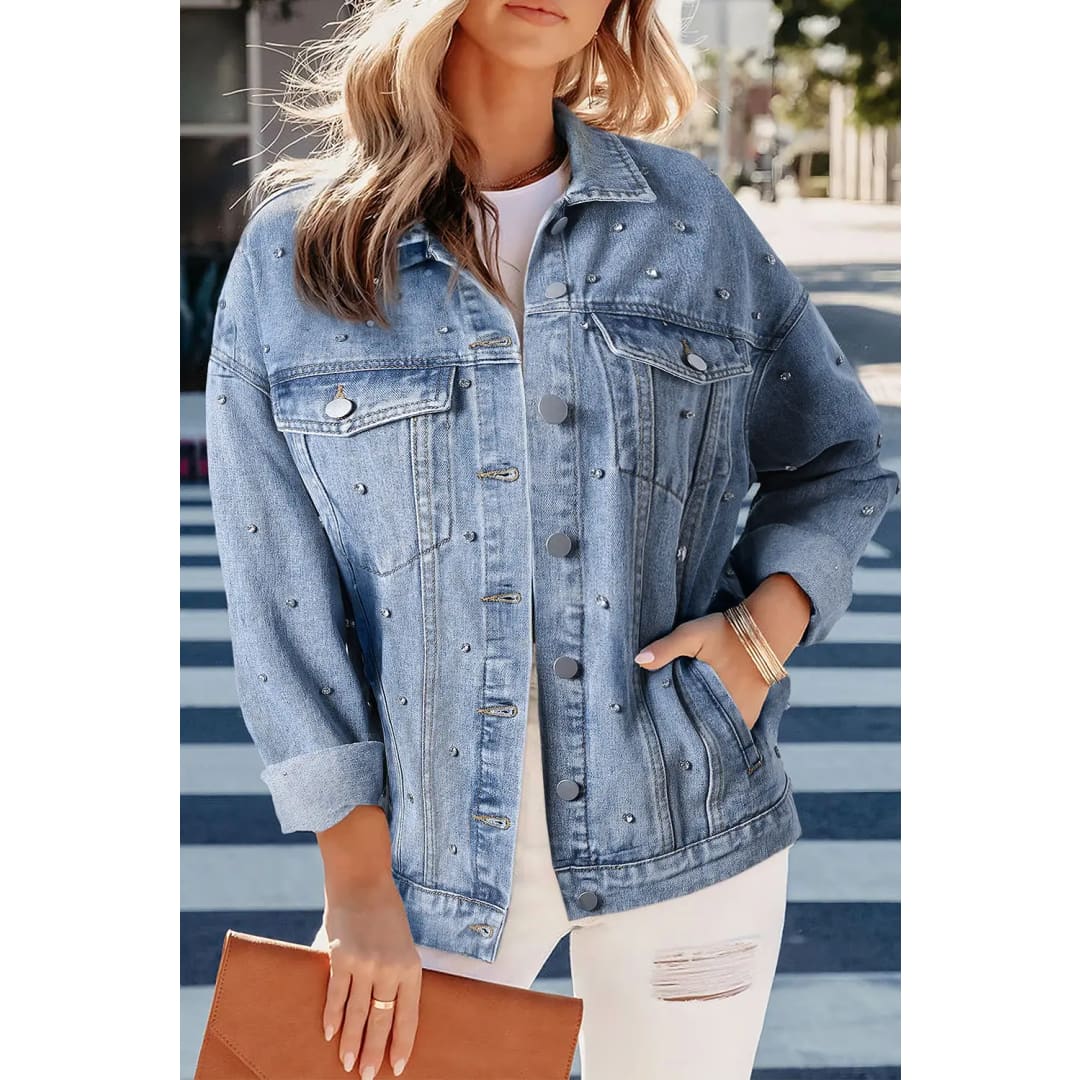 Mist Blue Rhinestones Studded Denim Jacket | Fashionfitz