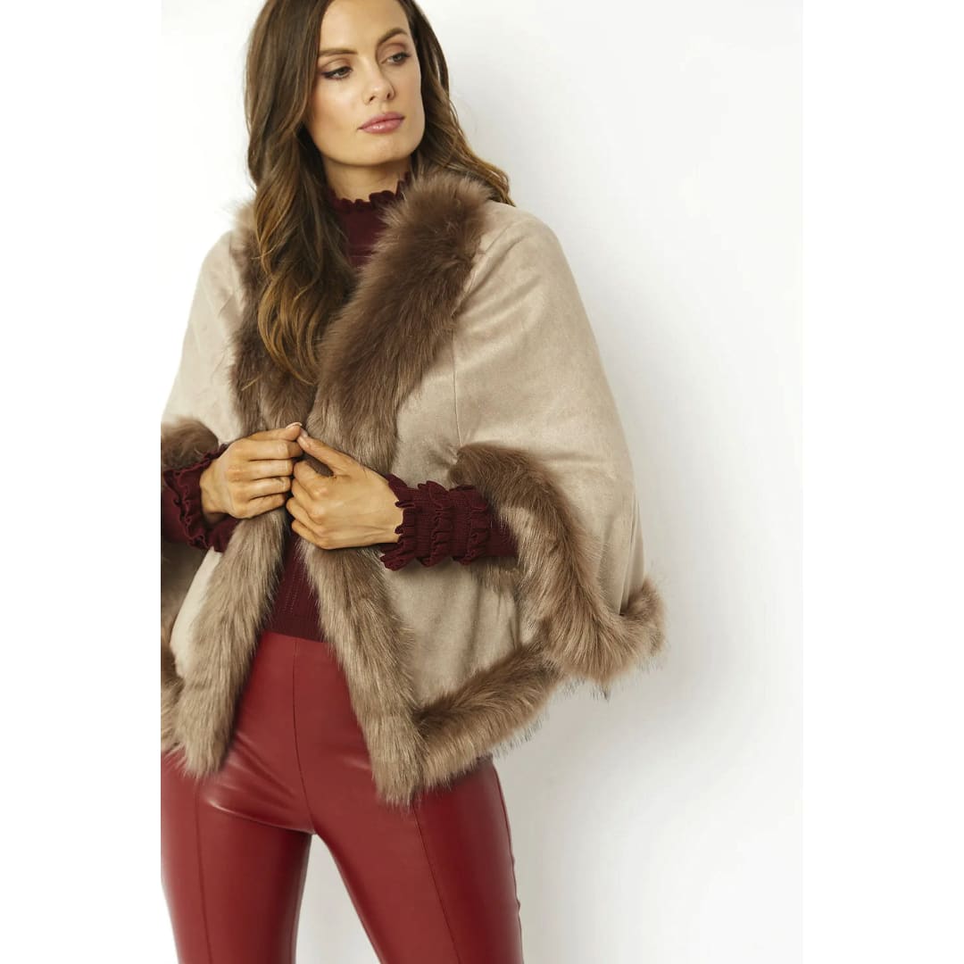Mocha Faux Fur Suede Cape Jacket | Buy Me Fur Ltd