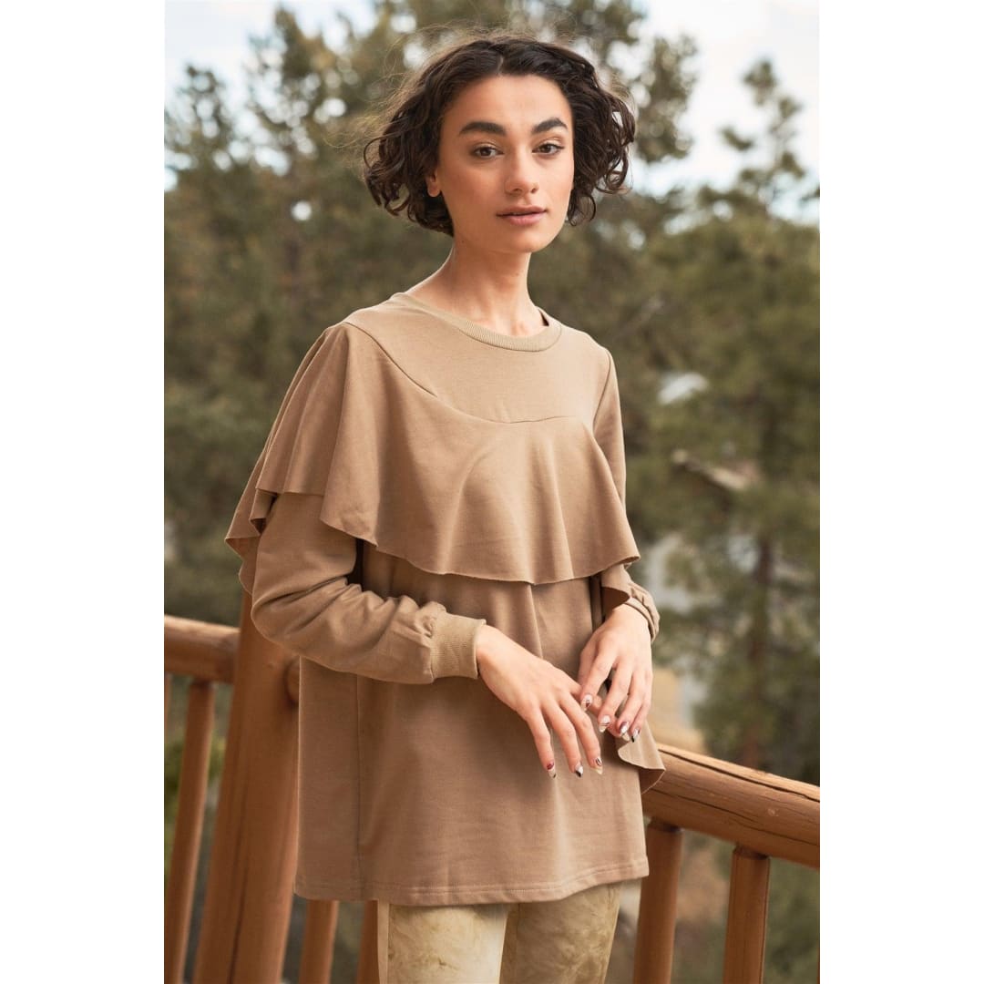 Mocha Ruffled Crew Neck Long Sleeve Sweatshirt | Asaf Gil