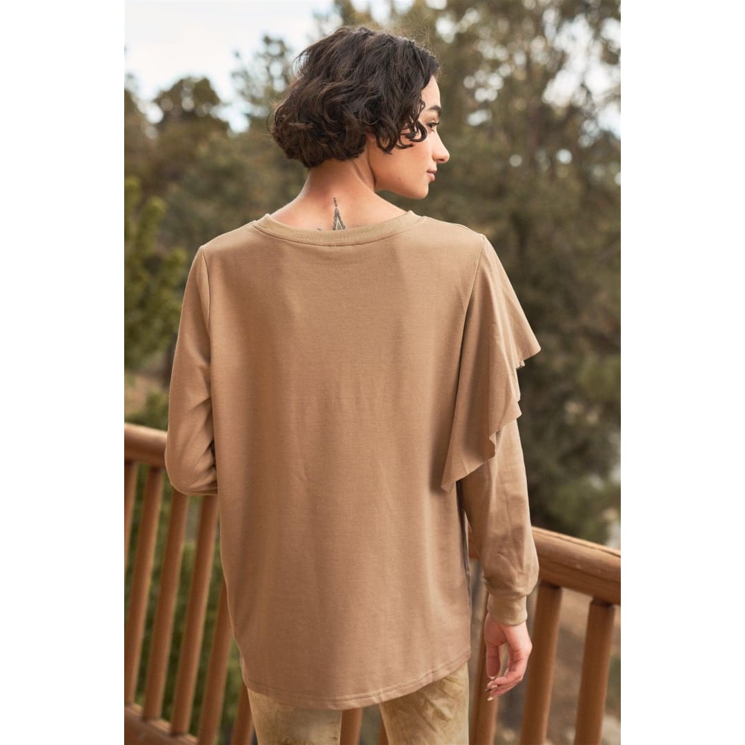 Mocha Ruffled Crew Neck Long Sleeve Sweatshirt | Asaf Gil