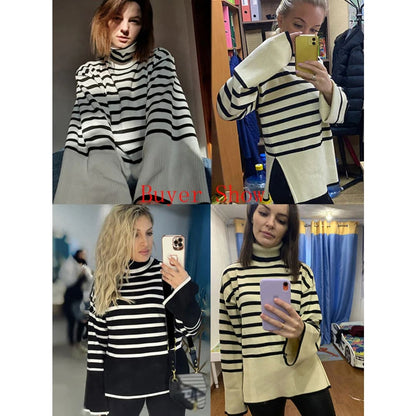 Monochrome Striped Oversized Turtleneck Sweater | The Urban Clothing Shop™