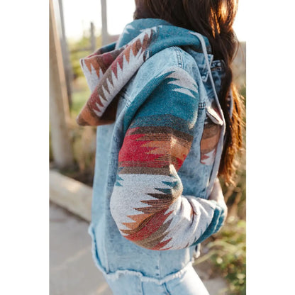 Multicolor Aztec Print Frayed Hem Denim Jacket | Fashionfitz