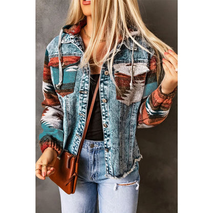 Multicolor Aztec Print Frayed Hem Denim Jacket | Fashionfitz