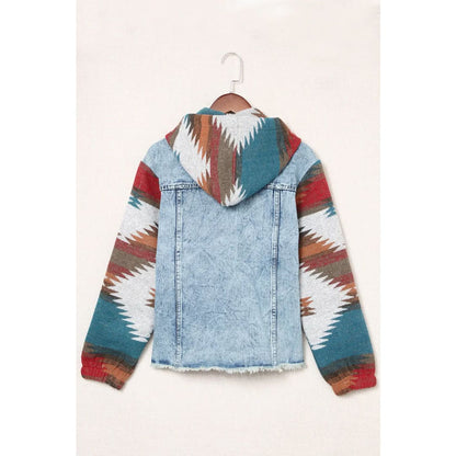 Multicolor Aztec Print Frayed Hem Denim Jacket | Fashionfitz