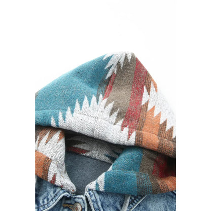 Multicolor Aztec Print Frayed Hem Denim Jacket | Fashionfitz