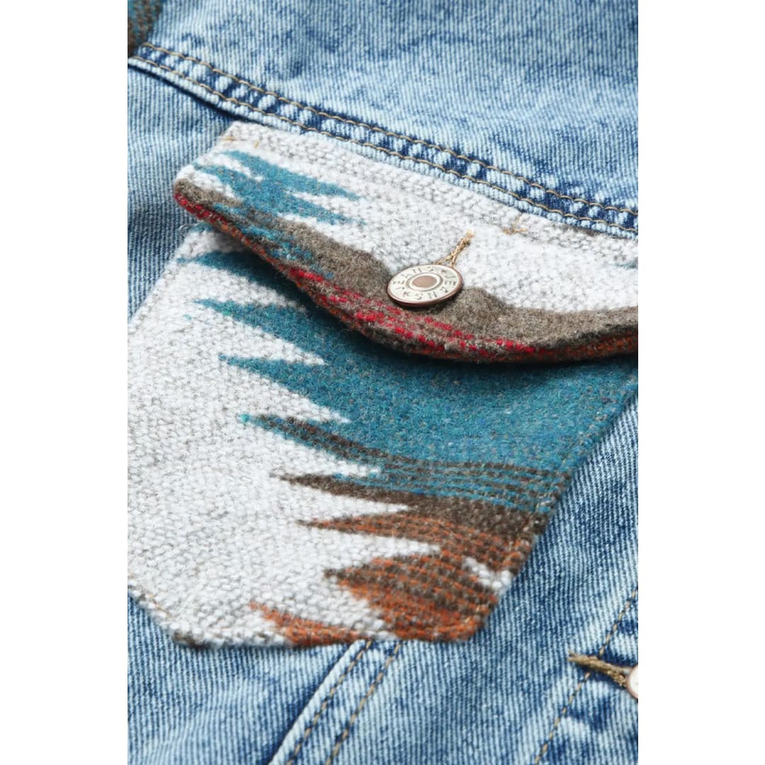 Multicolor Aztec Print Frayed Hem Denim Jacket | Fashionfitz