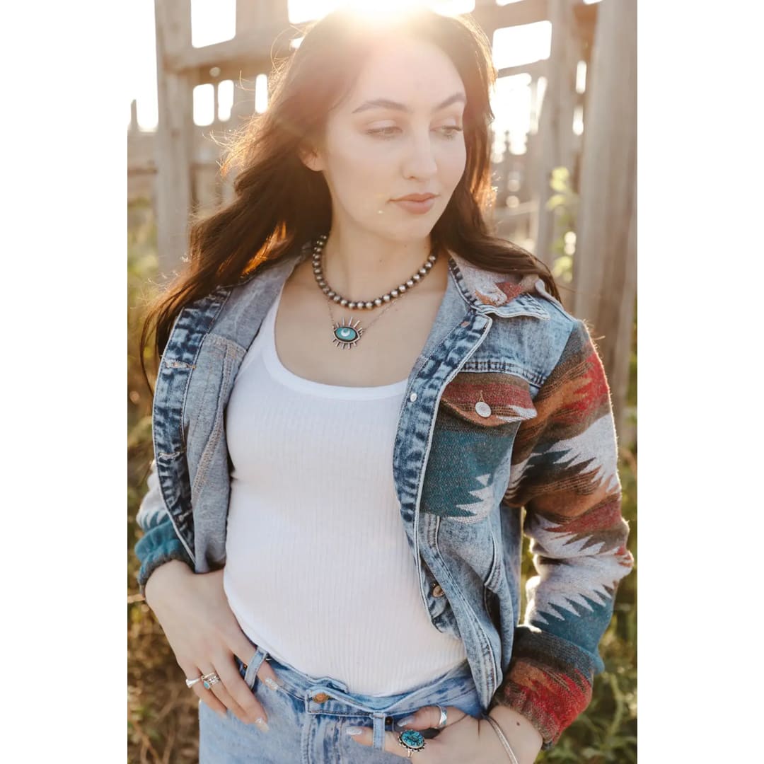 Multicolor Aztec Print Frayed Hem Denim Jacket | Fashionfitz