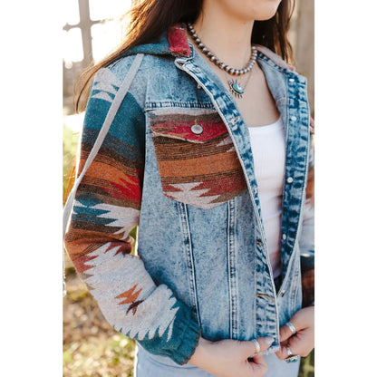 Multicolor Aztec Print Frayed Hem Denim Jacket | Fashionfitz