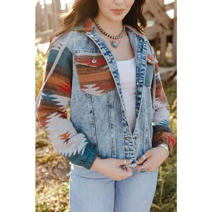 Multicolor Aztec Print Frayed Hem Denim Jacket | Fashionfitz