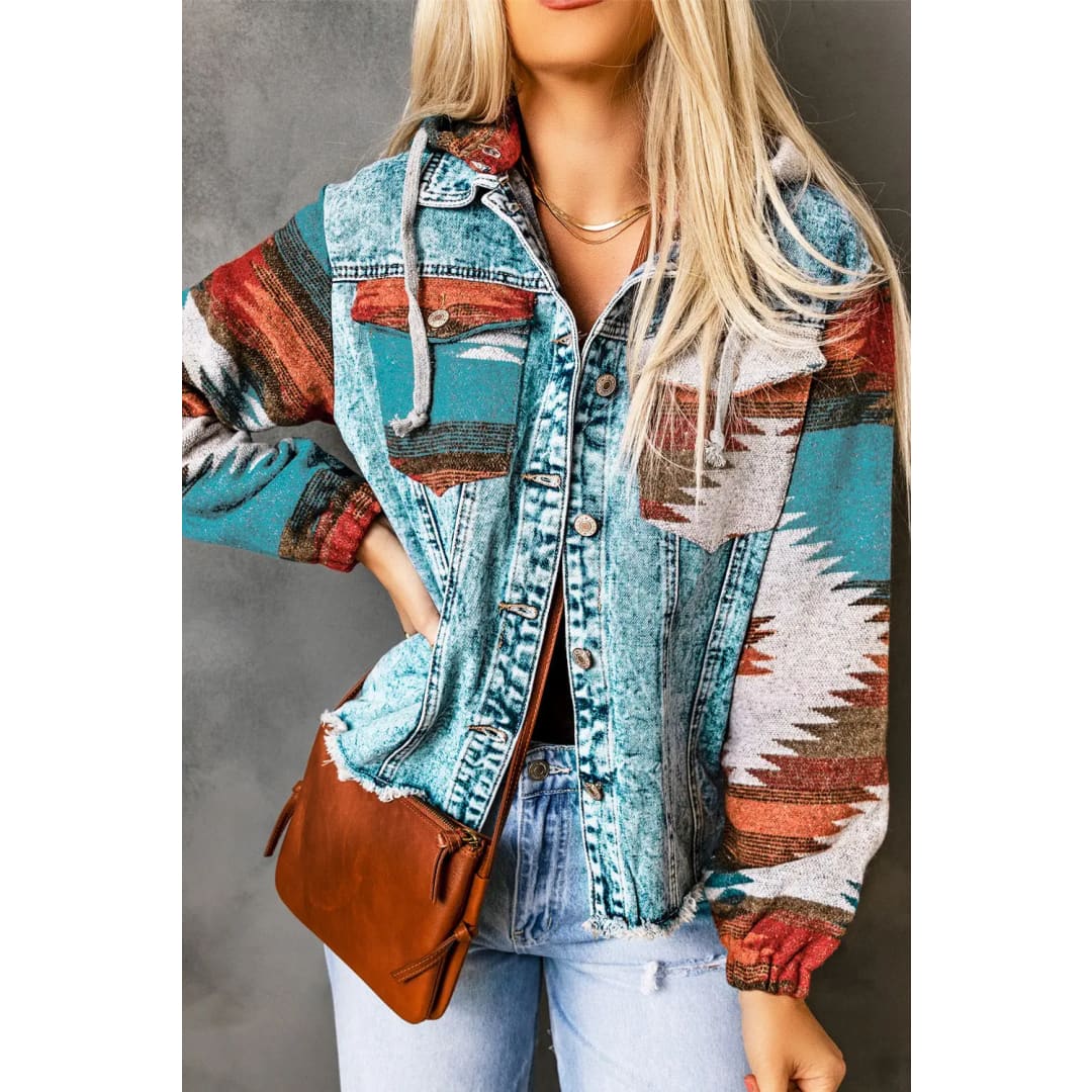 Multicolor Aztec Print Frayed Hem Denim Jacket | Fashionfitz