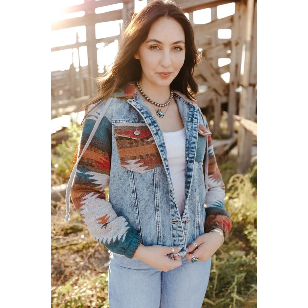 Multicolor Aztec Print Frayed Hem Denim Jacket | Fashionfitz