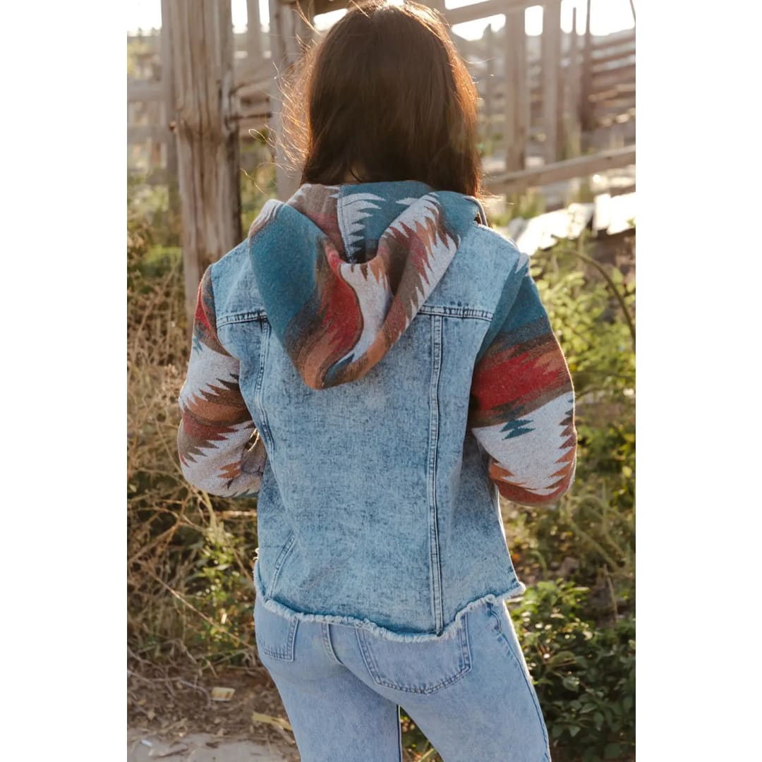 Multicolor Aztec Print Frayed Hem Denim Jacket | Fashionfitz