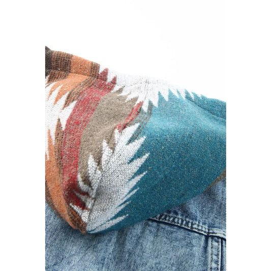 Multicolor Aztec Print Frayed Hem Denim Jacket | Fashionfitz