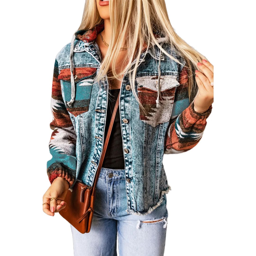 Multicolor Aztec Print Frayed Hem Denim Jacket | Fashionfitz