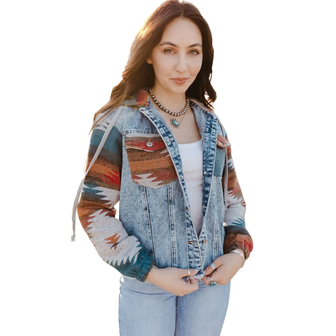 Multicolor Aztec Print Frayed Hem Denim Jacket | Fashionfitz