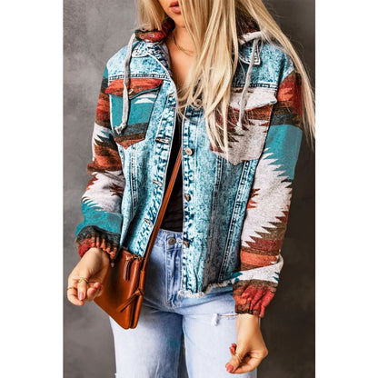 Multicolor Aztec Print Frayed Hem Denim Jacket | Fashionfitz