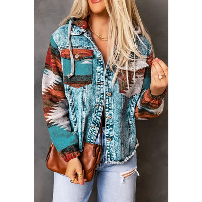 Multicolor Aztec Print Frayed Hem Denim Jacket | Fashionfitz