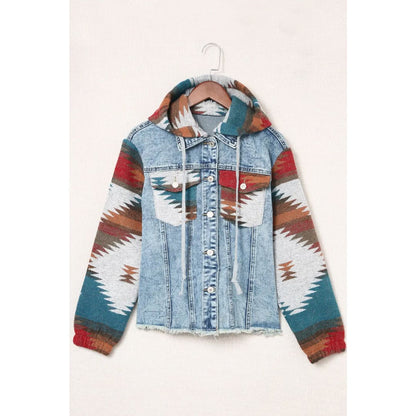 Multicolor Aztec Print Frayed Hem Denim Jacket | Fashionfitz