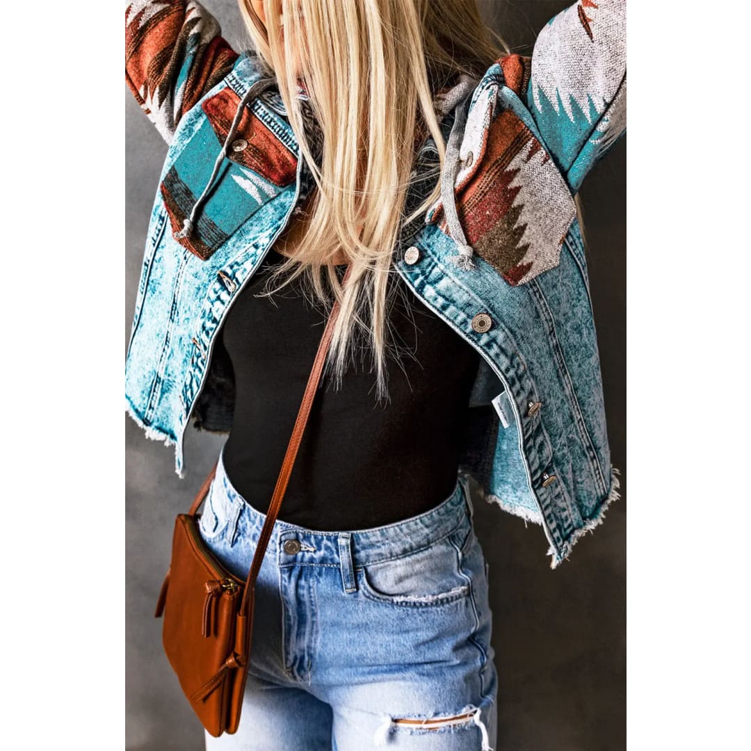 Multicolor Aztec Print Frayed Hem Denim Jacket | Fashionfitz