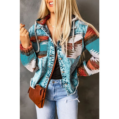 Multicolor Aztec Print Frayed Hem Denim Jacket | Fashionfitz