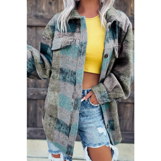 Multicolor Brushed Plaid Pocketed Oversize Shacket | DropshipClothes