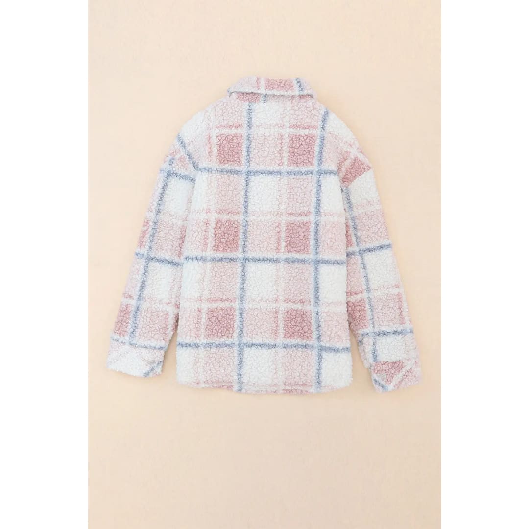 Multicolor Checker Print Turn Down Collar Sherpa Shacket | Fashionfitz