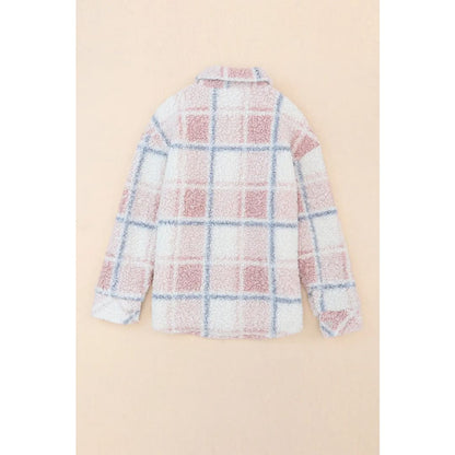 Multicolor Checker Print Turn Down Collar Sherpa Shacket | Fashionfitz