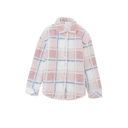 Multicolor Checker Print Turn Down Collar Sherpa Shacket | Fashionfitz