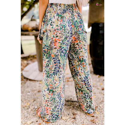 Multicolor Floral Print Shirred High Waist Wide Leg Casual Pants | Fashionfitz