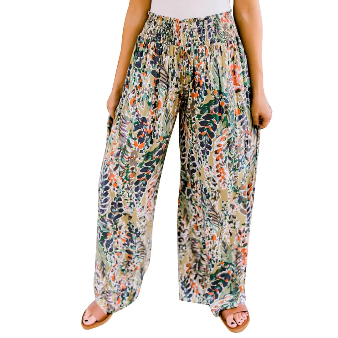 Multicolor Floral Print Shirred High Waist Wide Leg Casual Pants | Fashionfitz