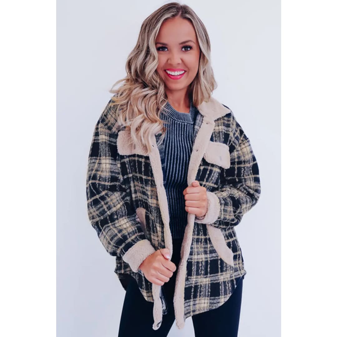 Multicolor Plaid Contrast Sherpa Flap Pocket Snap Button Shacket | Fashionfitz