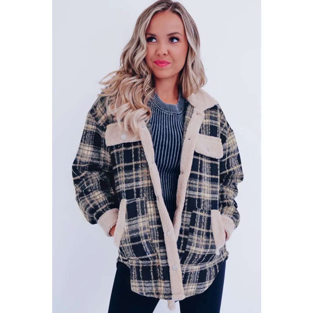 Multicolor Plaid Contrast Sherpa Flap Pocket Snap Button Shacket | Fashionfitz