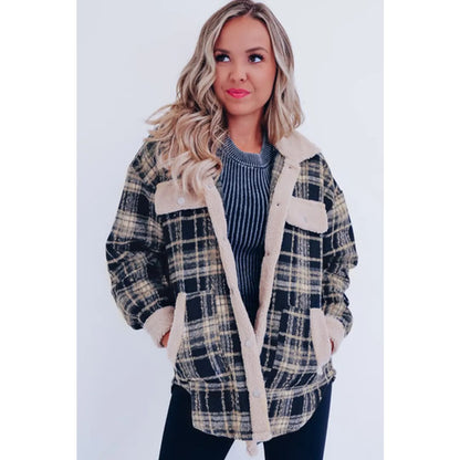 Multicolor Plaid Contrast Sherpa Flap Pocket Snap Button Shacket | Fashionfitz