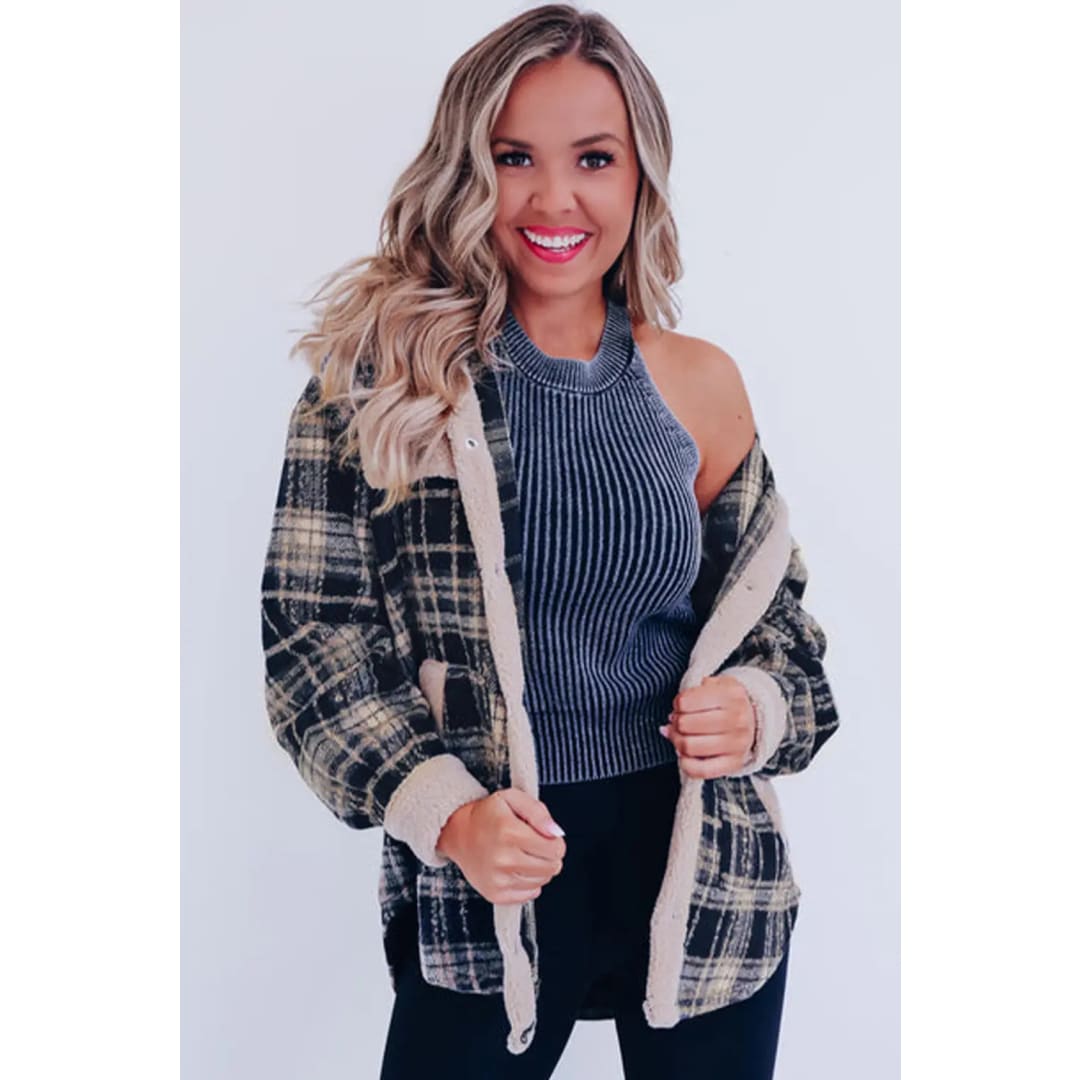 Multicolor Plaid Contrast Sherpa Flap Pocket Snap Button Shacket | Fashionfitz