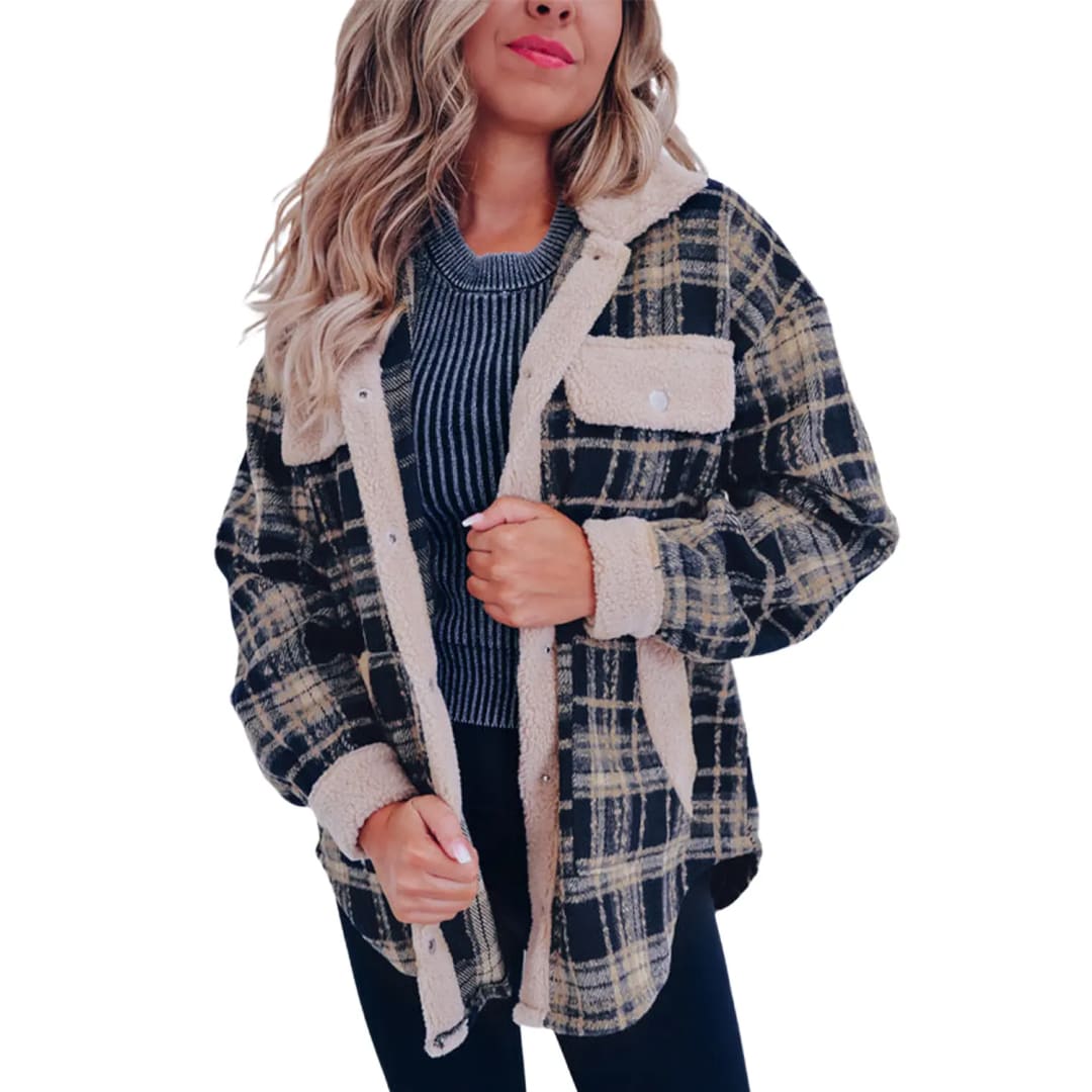 Multicolor Plaid Contrast Sherpa Flap Pocket Snap Button Shacket | Fashionfitz