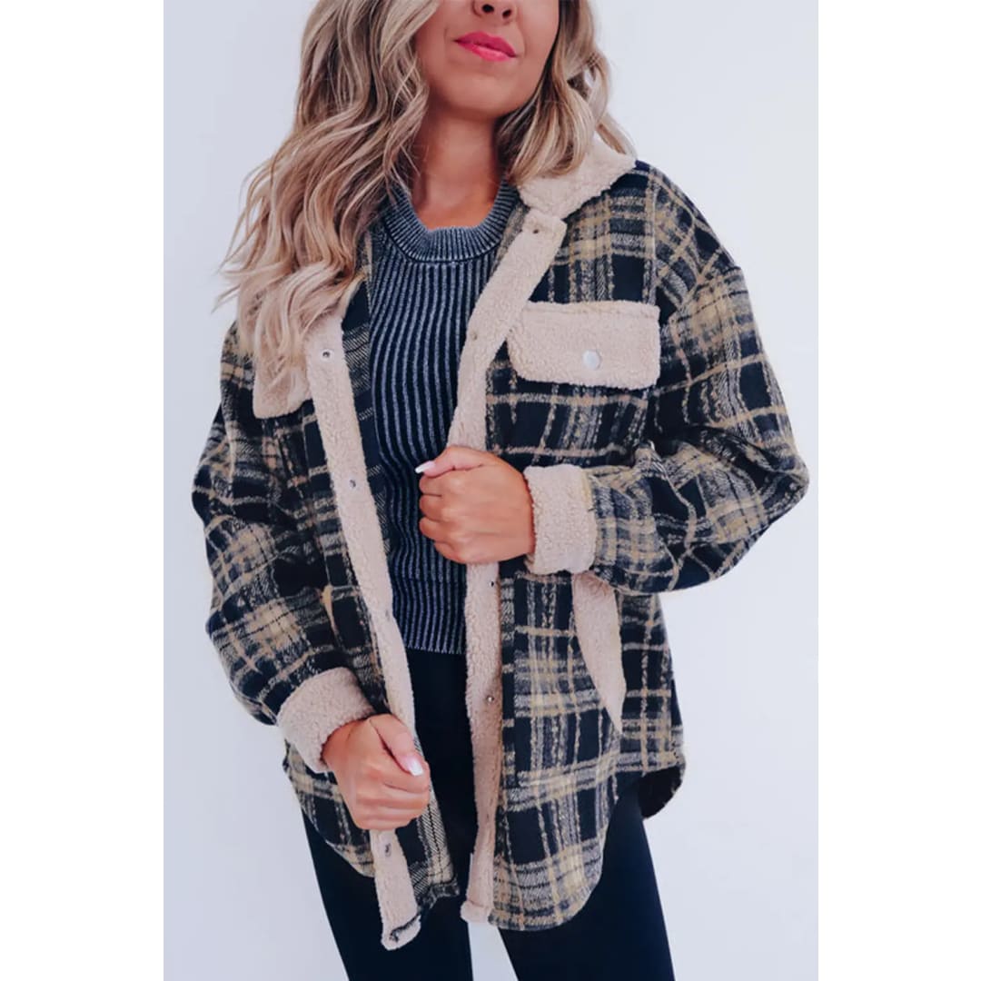 Multicolor Plaid Contrast Sherpa Flap Pocket Snap Button Shacket | Fashionfitz