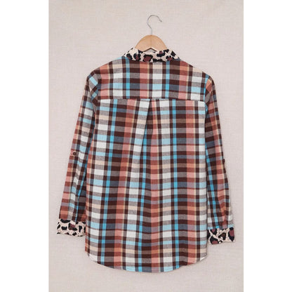 Multicolor Plaid Print Leopard Trim Shirt Jacket | Fashionfitz