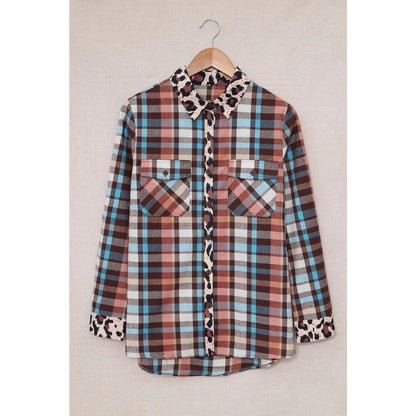 Multicolor Plaid Print Leopard Trim Shirt Jacket | Fashionfitz