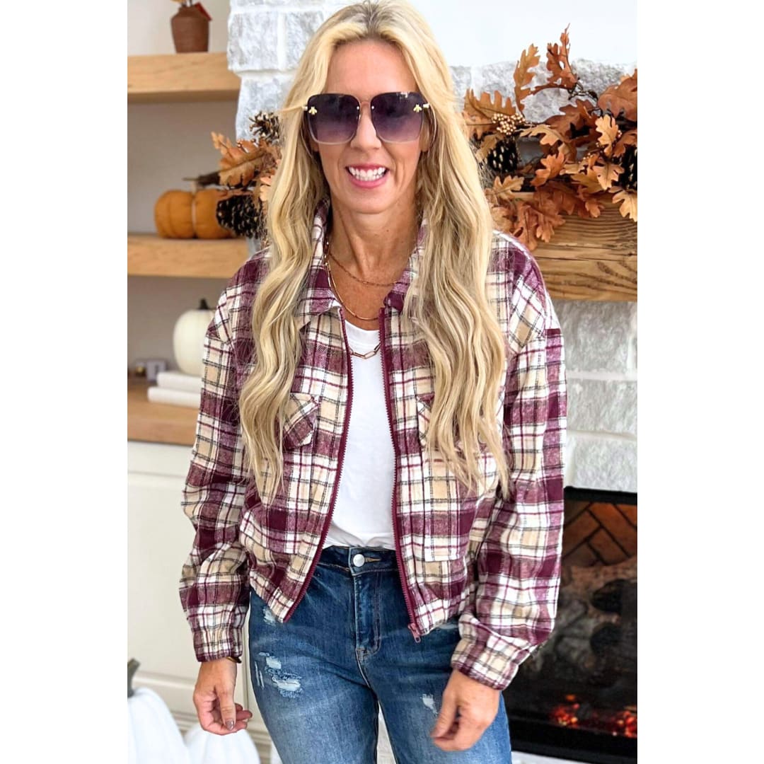 Multicolor Plaid Print Turn Down Collar Zip-up Jacket | DropshipClothes