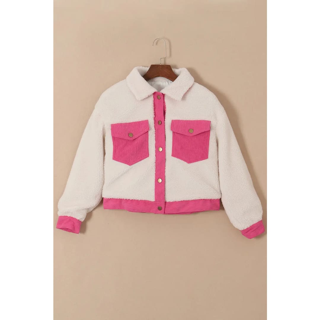 Multicolor Sherpa Corduroy Patchwork Button up Crop Jacket | Fashionfitz