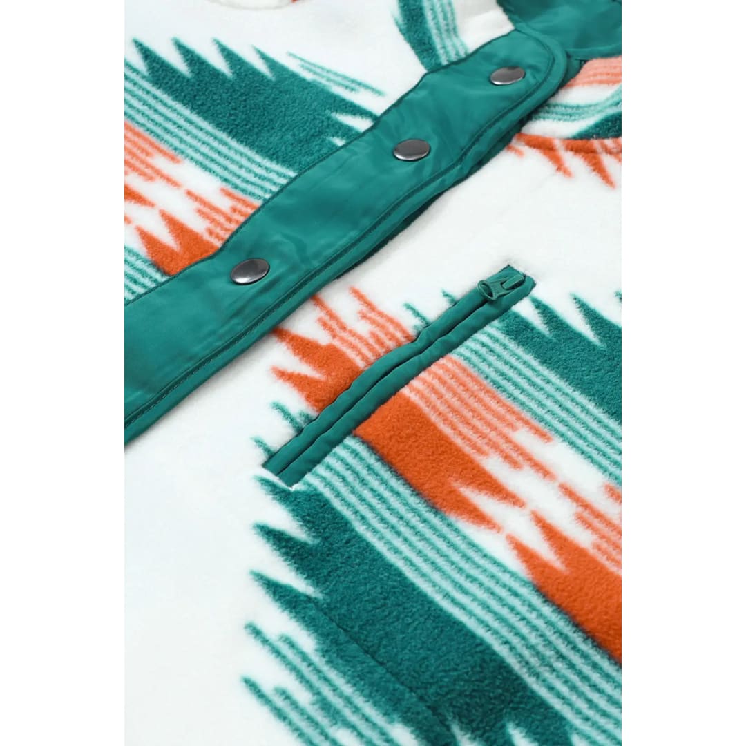Multicolour Aztec Fleece Patchwork Snap Button Jacket | Fashionfitz
