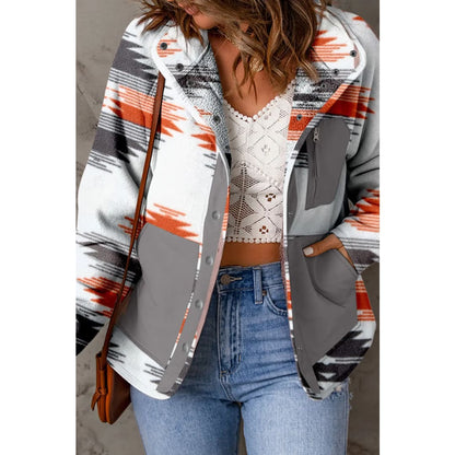 Multicolour Aztec Fleece Patchwork Snap Button Jacket | Fashionfitz
