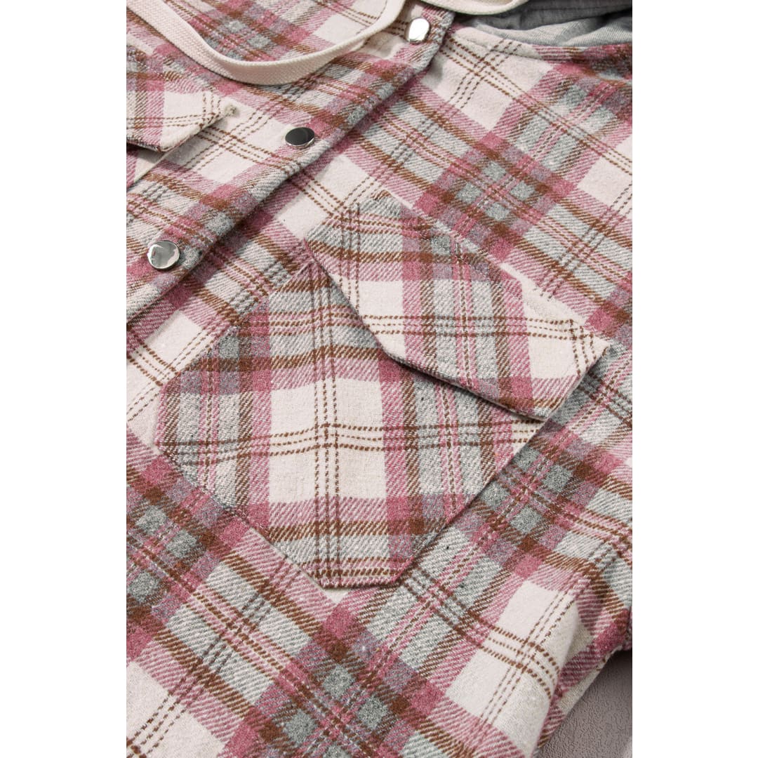 Multicolour Plaid Flap Pocket Hooded Raw Hem Jacket | DropshipClothes
