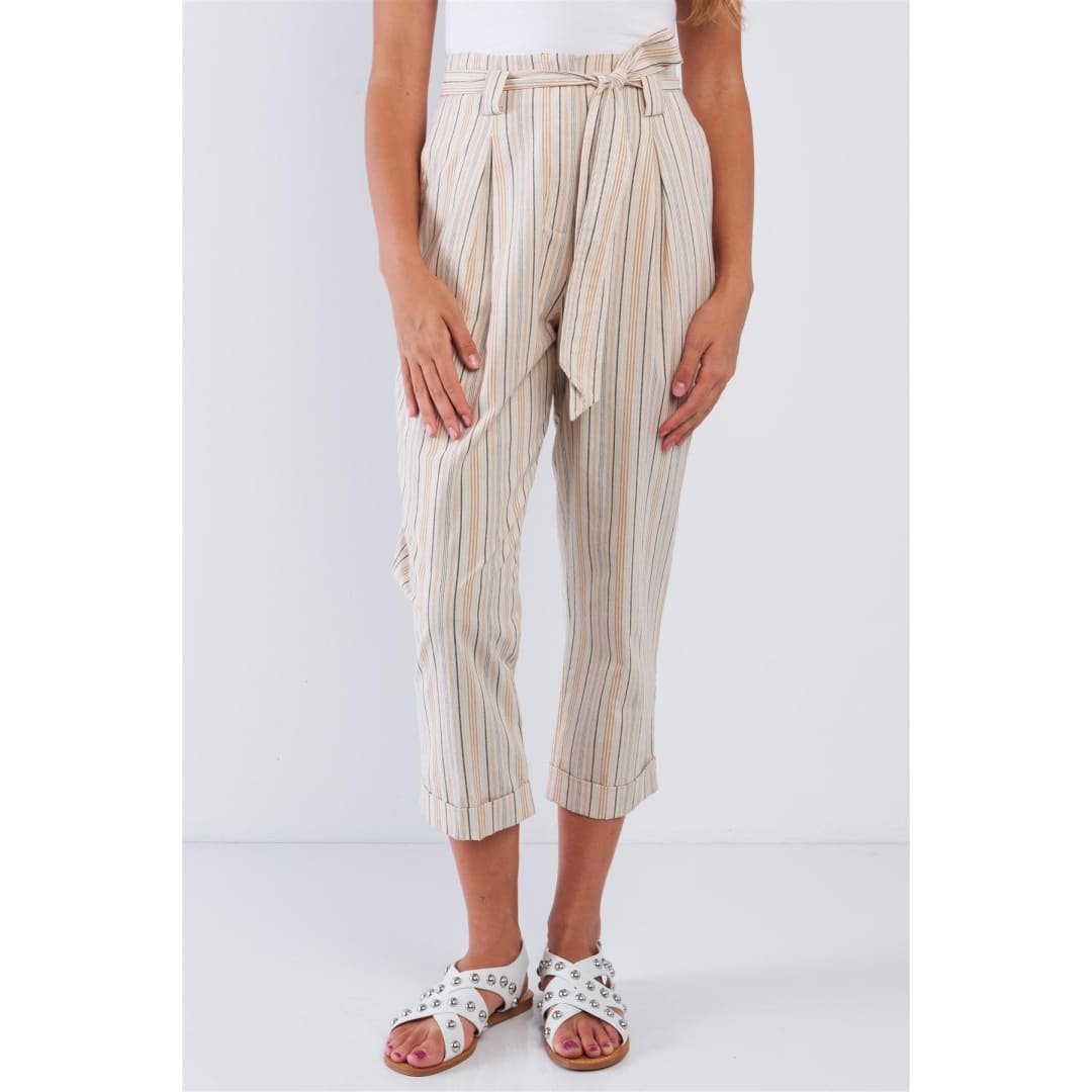 Natural Striped High Waisted Tapered Folded Hem Pants | Le Lis
