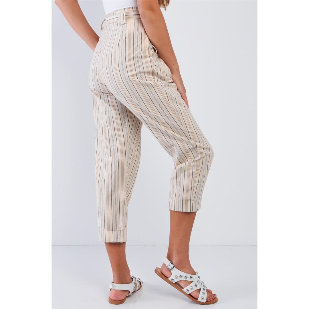 Natural Striped High Waisted Tapered Folded Hem Pants | Le Lis
