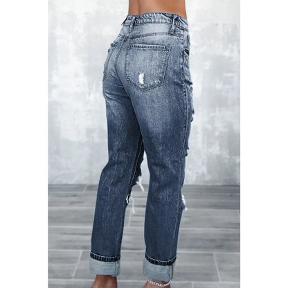 Navy Blue Light Wash Frayed Slim Fit High Waist Jeans | Fashionfitz