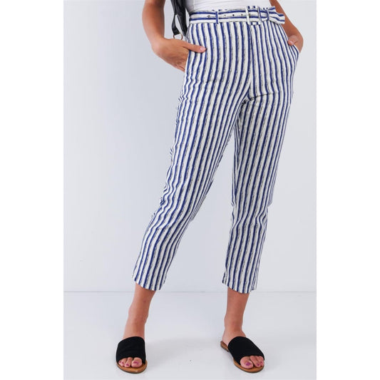 Navy Striped Tapered Belted Capri Pant | Le Lis