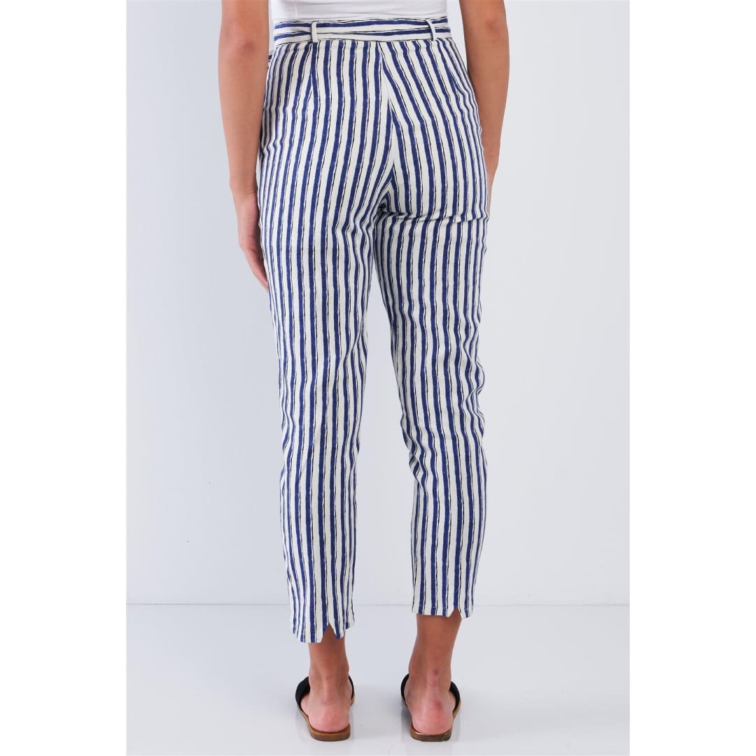 Navy Striped Tapered Belted Capri Pant | Le Lis