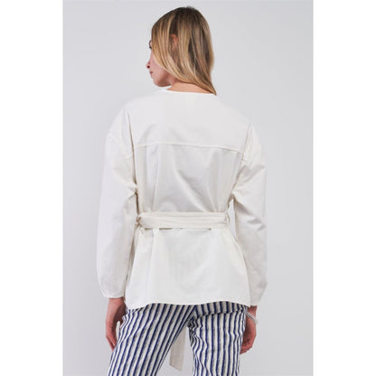 Off-White Balloon Sleeve Button-Down Front Self-Tie Belted Oversized Summer Jacket | Very